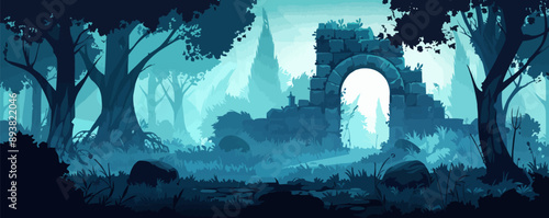 A mystical forest glen with ancient ruins peeking through the overgrowth. Vector flat minimalistic isolated illustration.