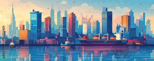 Modern cityscape with a bustling harbor and cargo ships Vector flat minimalistic isolated illustration