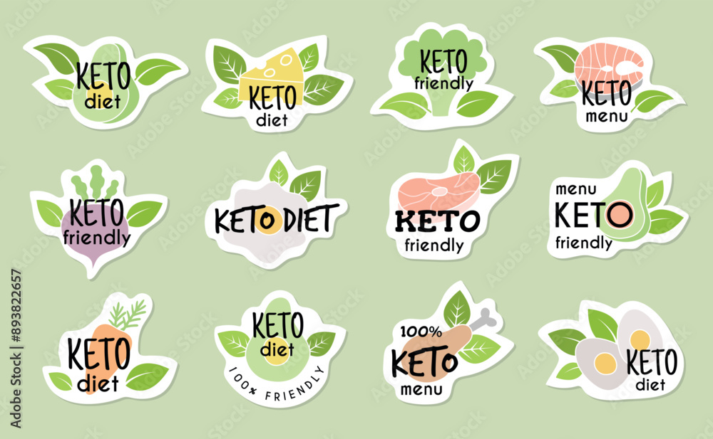 Keto diet. Set of keto menu products badges recent vector keto diet signs with place for text Keto diet. Set of keto menu products badges recent vector keto diet signs with place for text