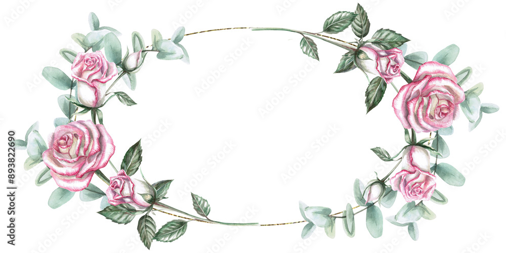 Oval frame of pink roses, eucalyptus leaves in watercolor illustration. Hand drawn watercolor drawing for wedding invitations, place cards, memorable dates. Composition isolated from background Oval frame of pink roses, eucalyptus leaves in watercolor illustration. Hand drawn watercolor drawing for wedding invitations, place cards, memorable dates. Composition isolated from background
