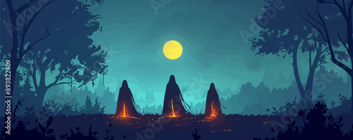Enigmatic moonlit ritual conducted by mysterious cloaked figures. Vector flat minimalistic isolated illustration.