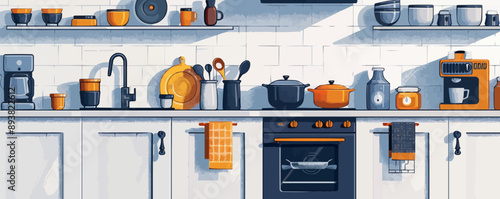 Modern kitchen with appliances, pots, and pans on a white background. Vector flat isolated illustration.