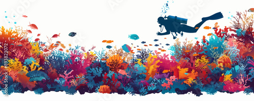 A scuba diver exploring a vibrant coral reef teeming with marine life on a white background. Vector flat minimalistic isolated illustration.