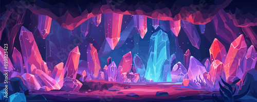 A mystical crystal cave filled with sparkling gemstones and glowing crystals. Vector flat minimalistic isolated illustration.