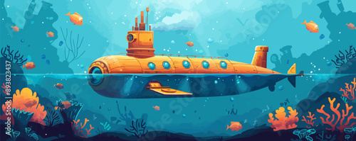 A whimsical steampunk submarine exploring the depths of the ocean. Vector flat minimalistic isolated illustration.