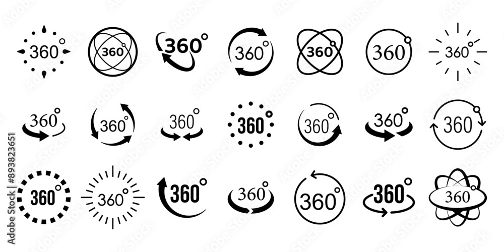 360 degrees vector icon set. Rotate symbol set. 360 degrees vector icon set. Rotate symbol set.