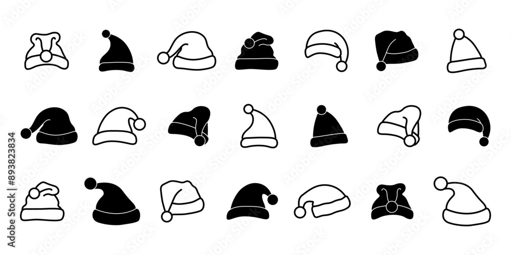 Santa hat icon set. Flat, linear and silhouette style. Santa hat icon set. Flat, linear and silhouette style.