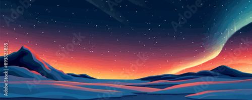 A radiant aurora borealis dancing in the night sky above a snowy landscape. Vector flat minimalistic isolated illustration.