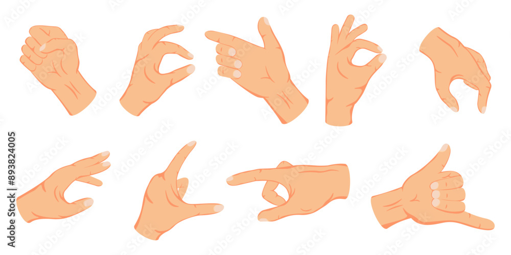 Hands gesture set. Hands showing set. Cartoon style. Hands gesture set. Hands showing set. Cartoon style.