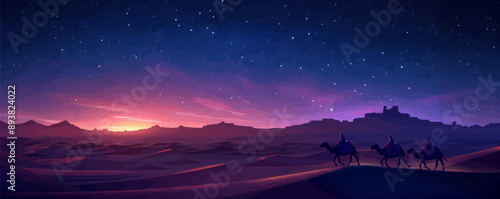 Arabian caravan crossing the desert under a starry night sky. Vector flat minimalistic isolated illustration.