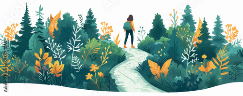 A hiker exploring a winding trail through a lush green forest on a white background. Vector flat minimalistic isolated