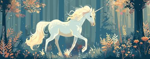 Whimsical unicorn prancing through a magical forest. Vector flat minimalistic isolated illustration.