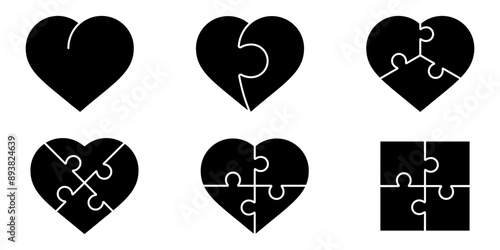 Heart puzzle. Heart puzzle set. Silhouette and linear style. Vector illustration.