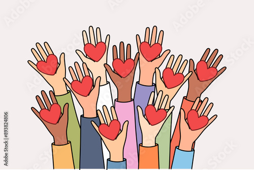 People from charitable foundation hold hearts symbolizing unity in fight for sustainable future for planet. Concept of importance of charity and mercy to help those in need of protection