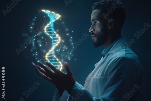 Illuminated DNA Structure in the Hands of a Focused Scientist on Dark Background