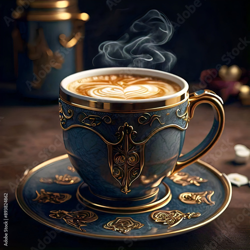  Royal Blue and Gold Coffee Mug with Saucer - Luxurious Morning Coffee Experience with Elegant Design

