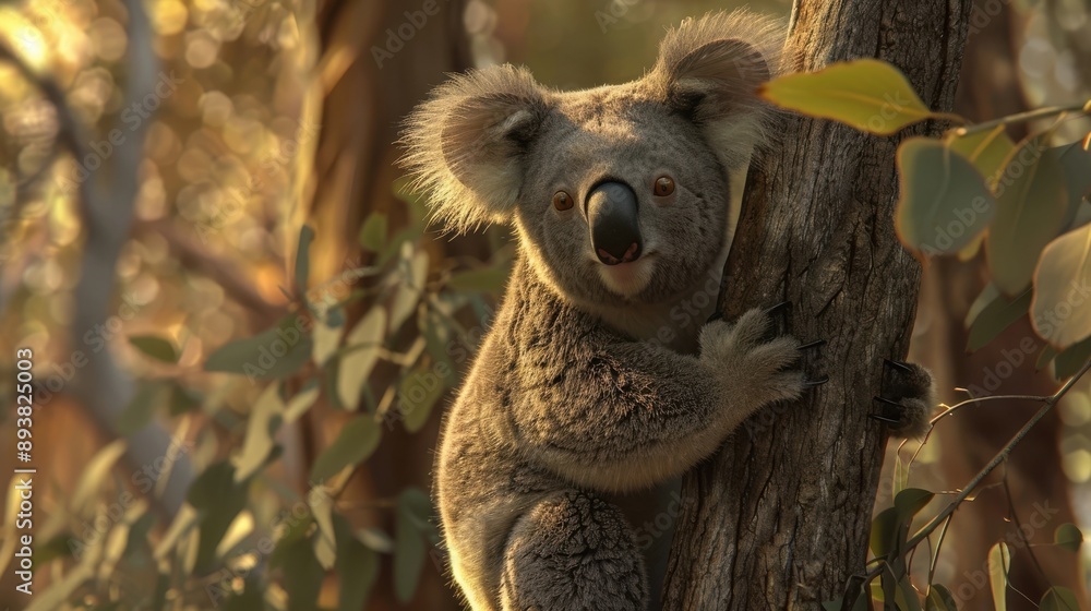 Curious Koala Clinging to Eucalyptus Tree in Cinematic Australian Bush Landscape Curious Koala Clinging to Eucalyptus Tree in Cinematic Australian Bush Landscape