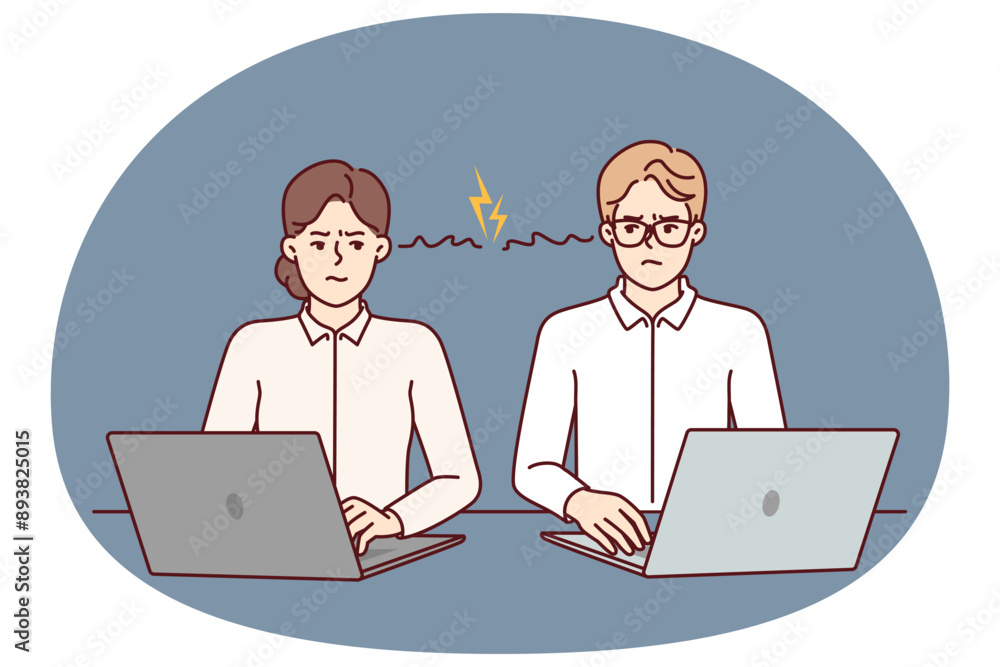 Colleagues with laptops angry at partner after problems in project or quarrel related to choice leader. Two angry office workers feel anger towards colleagues and need help of corporate psychologist Colleagues with laptops angry at partner after problems in project or quarrel related to choice leader. Two angry office workers feel anger towards colleagues and need help of corporate psychologist