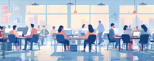 A bustling office scene with employees working at their desks and attending meetings. Vector flat minimalistic isolated illustration.