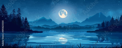 Full moon illuminating a peaceful nighttime landscape. Vector flat minimalistic isolated illustration.