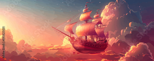 Steampunk airship cruising through the clouds Vector flat minimalistic isolated illustration