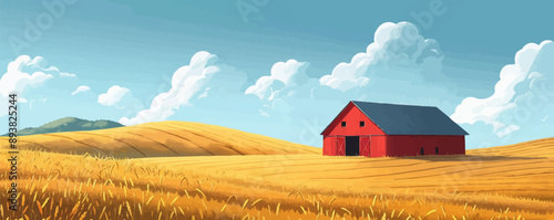 A serene countryside barn nestled among rolling hills and golden fields of wheat. Vector flat minimalistic isolated illustration.