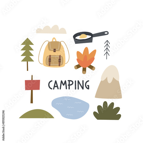 Cartoon camping thematic elements, hand drawing lettering. Colorful vector illustration, flat style. design for cards, print, poster, cover