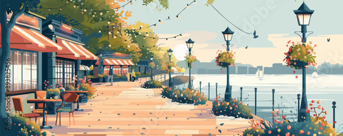 A tranquil riverside promenade lined with cafes and flower beds. Vector flat minimalistic isolated illustration. photo