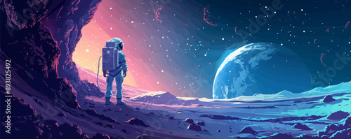 Sci-fi astronaut exploring an alien cave system Vector flat minimalistic isolated illustration