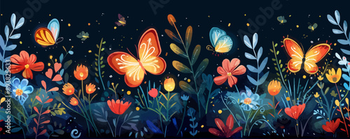 Enchanted garden with colorful butterflies and fireflies Vector flat minimalistic isolated illustration
