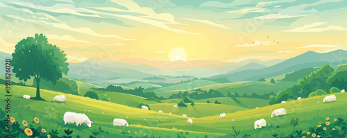 A serene countryside landscape with lush green meadows and grazing sheep. Vector flat minimalistic isolated illustration.