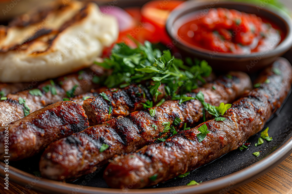 Traditional Bosnian Ćevapi: Grilled Sausages with Lepinja and Ajvar Sauce Traditional Bosnian Ćevapi: Grilled Sausages with Lepinja and Ajvar Sauce