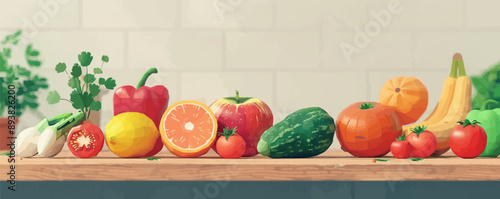 Close-up of fruits and vegetables on a wooden table. Vector flat minimalistic isolated illustration.
