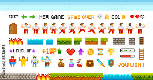 Retro Pixel Game trophy icons bundle and vector elements for adventure arcade level design. Level up hero character animation game design. Retro video game sprites 80s - 90s style. Perfect pixel dsgn