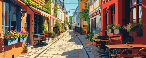 A cobblestone alleyway lined with charming cafes and flower-filled window boxes. Vector flat minimalistic isolated