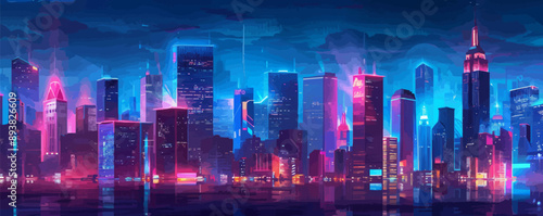 Cyberpunk cityscape with neon lights and skyscrapers Vector flat minimalistic isolated illustration