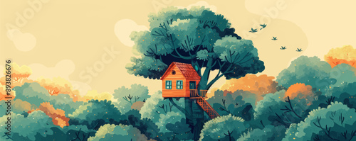Whimsical treehouse nestled among towering trees Vector flat minimalistic isolated illustration