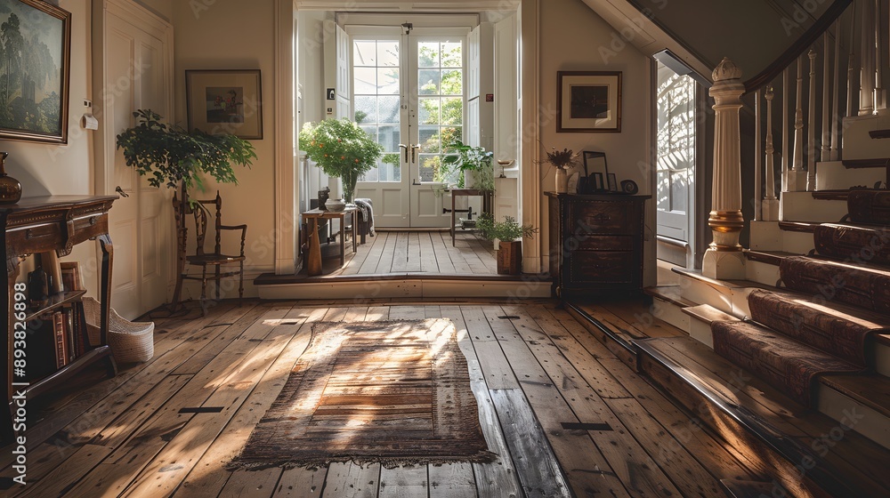 Fototapeta premium A beautifully sunlit interior of a rustic home featuring wooden floors, potted plants, and classic furniture creates a warm and inviting atmosphere. 