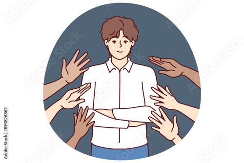 Popular business man beside many hands wanting to touch idol, for concept of corporate training or team building activities. Proud guy in business clothes are popular among colleagues