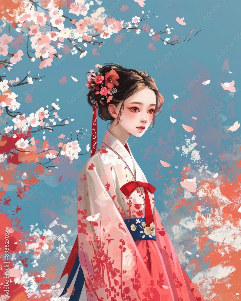 Elegant Korean Woman in Traditional Hanbok Dress Amid Cherry Blossoms Elegant Korean Woman in Traditional Hanbok Dress Amid Cherry Blossoms