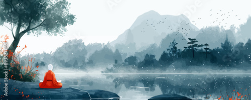 Zen master meditating in serene solitude amidst tranquil nature. Vector flat minimalistic isolated illustration.