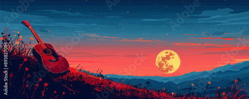 Acoustic guitar serenading under the moonlit sky. Vector flat minimalistic isolated illustration.