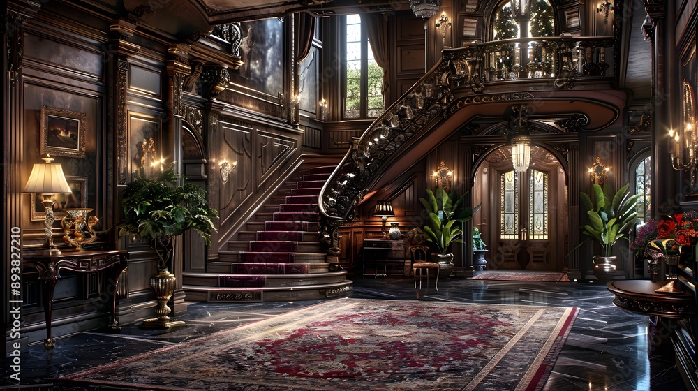 Obraz premium A grand and elegantly designed foyer featuring a sweeping staircase, ornate woodwork, rich furnishings, and lush indoor plants that embody luxury and sophistication.