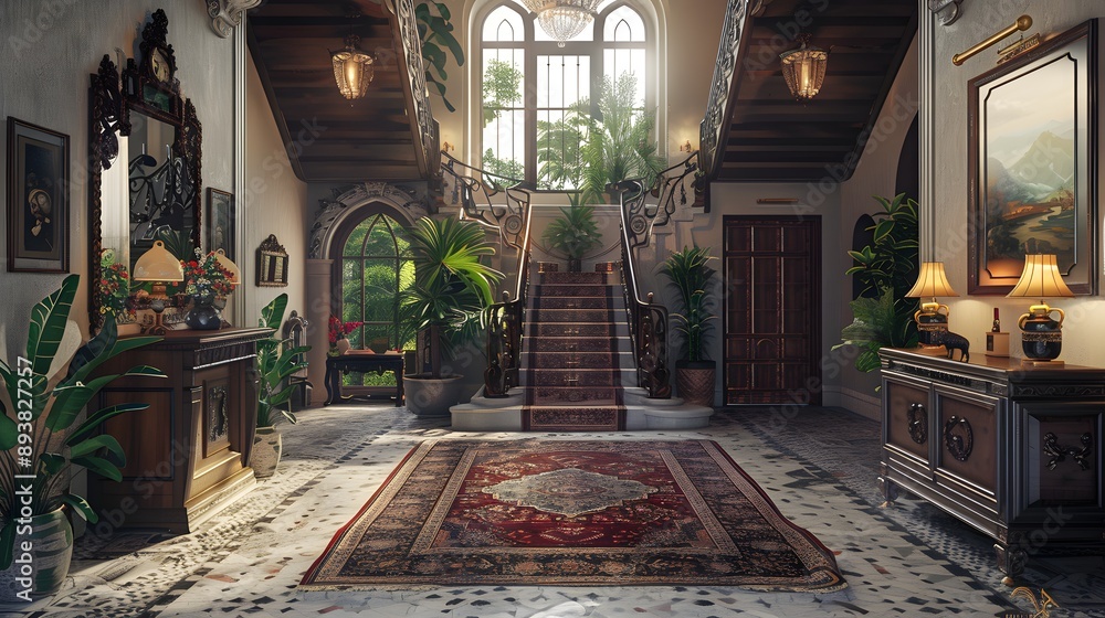 Fototapeta premium A luxurious and elegantly designed foyer featuring ornate staircases, rich decor, and abundant greenery, creating an inviting atmosphere.