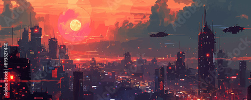 Cyberpunk cityscape with towering skyscrapers and flying vehicles Vector flat minimalistic isolated illustration