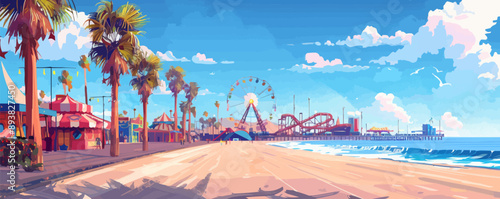 Coastal boardwalk with carnival attractions Vector flat minimalistic isolated illustration
