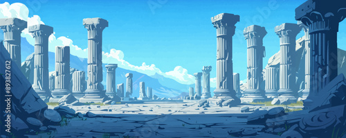 Ancient ruins with weathered stone columns and carvings Vector flat minimalistic isolated illustration