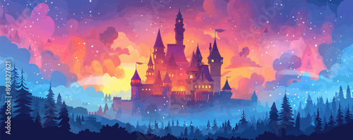 Whimsical fairytale castle with towers and turrets. Vector flat minimalistic isolated illustration.