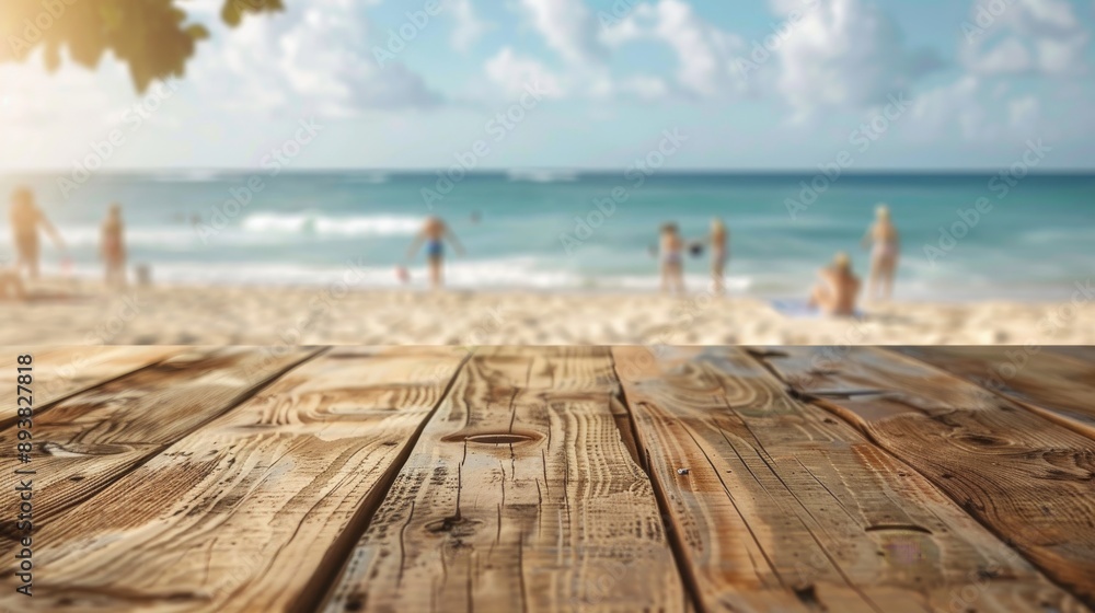 A weathered wooden plank tabletop against a blurred background of a beach scene A weathered wooden plank tabletop against a blurred background of a beach scene