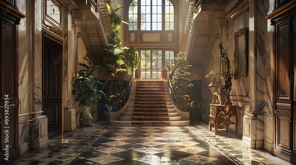 A luxurious, sunlit foyer with ornate marble floors, grand staircase, and decorative plants creates an inviting atmosphere. A luxurious, sunlit foyer with ornate marble floors, grand staircase, and decorative plants creates an inviting atmosphere.